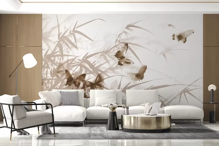 τοιχογραφίες Φύλλα και μίσχοι μπαμπού με πετούμενες καφέ πεταλούδες με διαφανή φτερά w08524v1