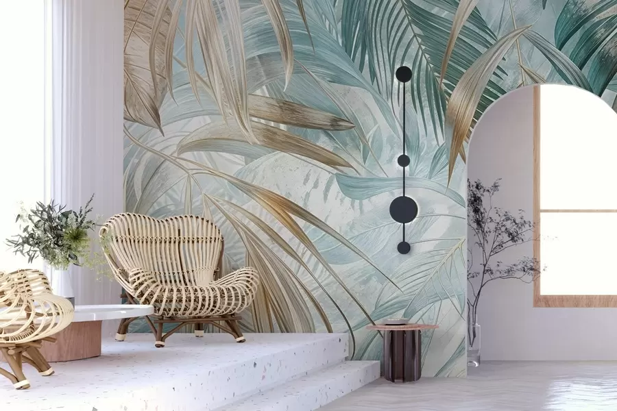 τοιχογραφίες Ένα τροπικό αφηρημένο floral print με μεγάλα φύλλα φοίνικα σε αποχρώσεις του μπλε και του μπεζ δημιουργεί μια πλούσια ατμόσφαιρα w08532