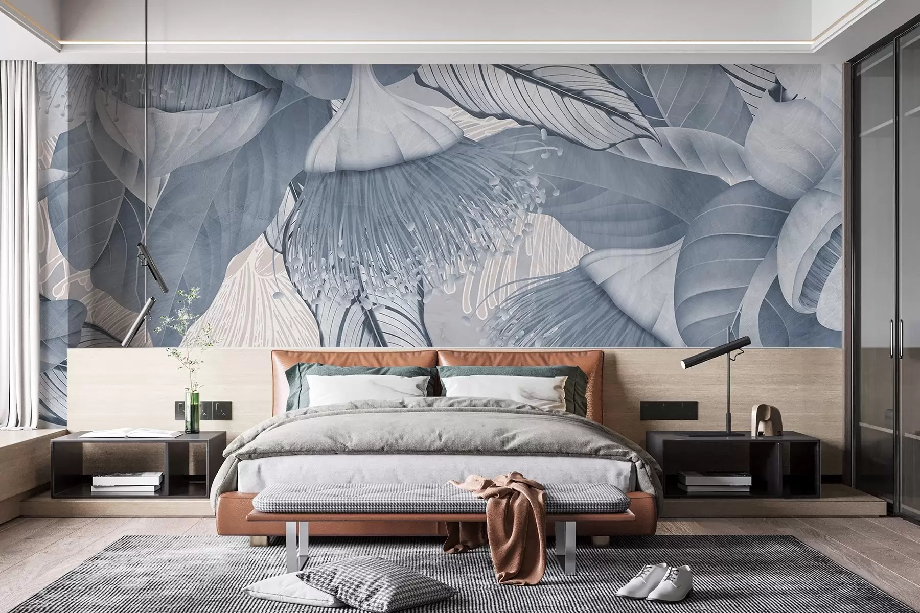 τοιχογραφίες Βοτανική απεικόνιση μεγάλων, μπλε λουλουδιών eucaliptus με μακριούς στήμονες σε γκρι και λευκό φόντο w08539v1