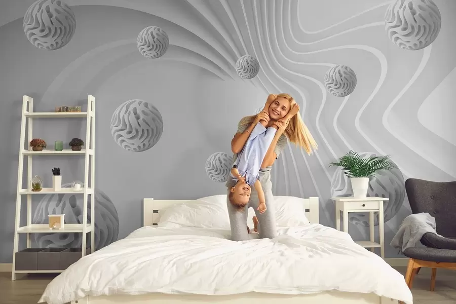 τοιχογραφίες 3D γκρίζα αφαίρεση με σφαίρες και εφέ βάθους w08553
