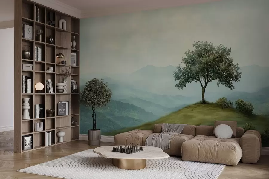 τοιχογραφίες πανόραμα με ένα δέντρο σε ένα λόφο w02683