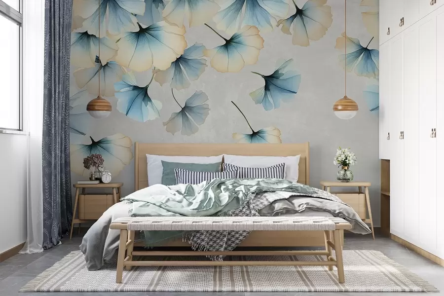 τοιχογραφίες Μπλε και κίτρινα φύλλα γκίνγκο σε παστέλ χρώματα με λεπτά πέταλα που αιωρούνται στον αέρα σε φόντο με υφή w08578v1