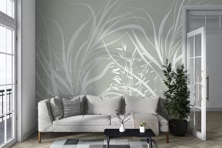 τοιχογραφίες Λεπτή μοντέρνα μινιμαλιστική εκτύπωση λευκών λουλουδιών σε ανοιχτό παστέλ-πράσινο φόντο w08583v1