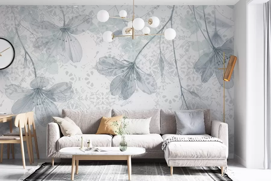 τοιχογραφίες Λεπτά μπλε και λευκά λουλούδια με μακρύ μίσχο και πέταλα σε ένα απαλό, θολό φόντο με υφή w08588