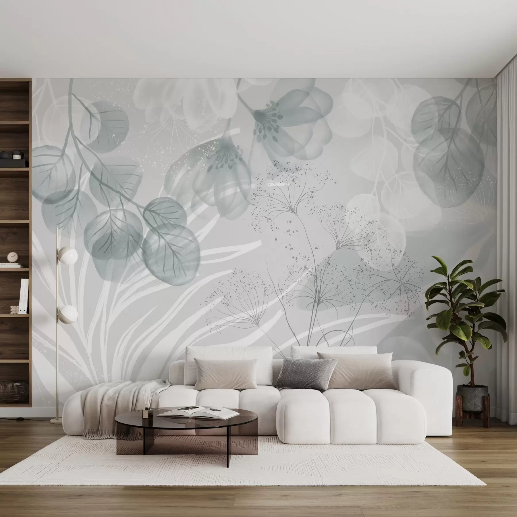 τοιχογραφίες Floral eucaliptus στοιχεία σε αποχρώσεις του μπλε και του λευκού με επικαλυπτόμενα φύλλα και πέταλα σε μινιμαλιστικό στυλ w08599
