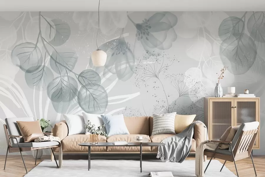 τοιχογραφίες Floral eucaliptus στοιχεία σε αποχρώσεις του μπλε και του λευκού με επικαλυπτόμενα φύλλα και πέταλα σε μινιμαλιστικό στυλ w08599