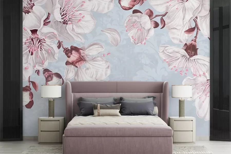 τοιχογραφίες Φλοράλ εκτύπωση με μεγάλα ροζ και λευκά ανθισμένα λουλούδια κερασιάς σε γαλάζιο φόντο με υφή w08601