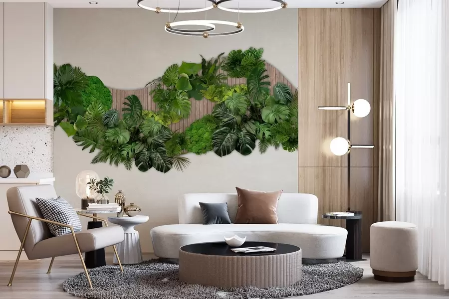 τοιχογραφίες Floral πάνελ με φύλλα φοίνικα, βρύα και ξύλινο φόντο w02717