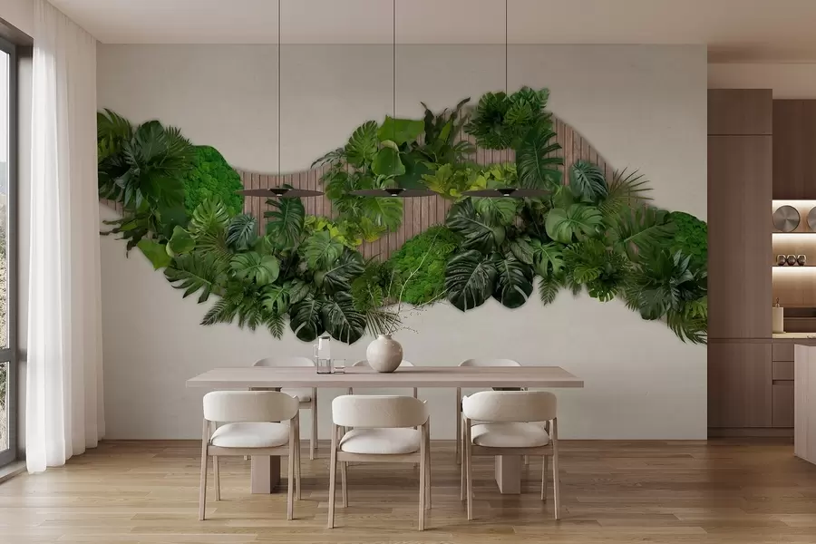 τοιχογραφίες Floral πάνελ με φύλλα φοίνικα, βρύα και ξύλινο φόντο w02717
