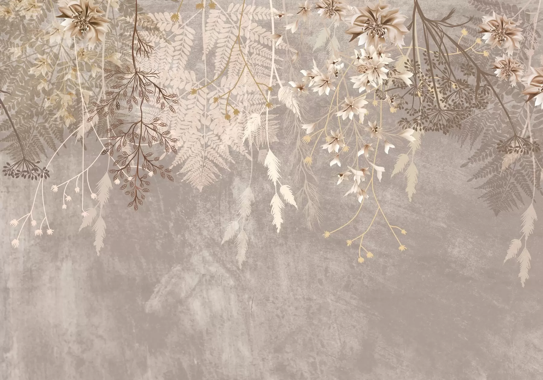 τοιχογραφίες Ένα ονειρικό, ντελικάτο, αραχνοΰφαντο φυτό, καρφιά και λουλούδια σε καφέ παστέλ χρώματα σε ένα θολό, υφή φόντο w08606v1