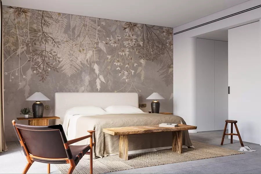 τοιχογραφίες Ένα ονειρικό, ντελικάτο, αραχνοΰφαντο φυτό, καρφιά και λουλούδια σε καφέ παστέλ χρώματα σε ένα θολό, υφή φόντο w08606v1