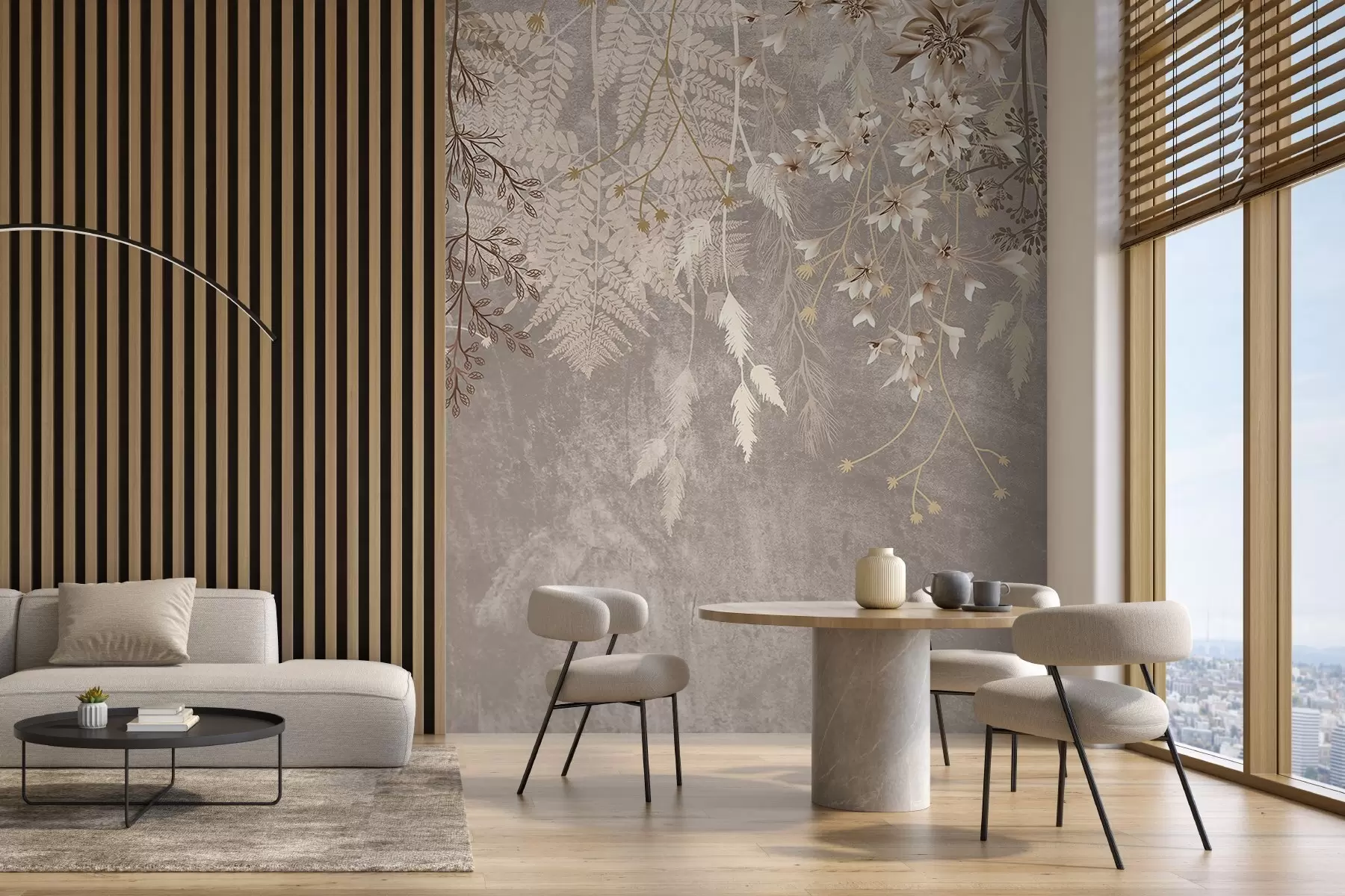 τοιχογραφίες Ένα ονειρικό, ντελικάτο, αραχνοΰφαντο φυτό, καρφιά και λουλούδια σε καφέ παστέλ χρώματα σε ένα θολό, υφή φόντο w08606v1