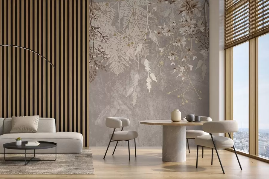 τοιχογραφίες Ένα ονειρικό, ντελικάτο, αραχνοΰφαντο φυτό, καρφιά και λουλούδια σε καφέ παστέλ χρώματα σε ένα θολό, υφή φόντο w08606v1