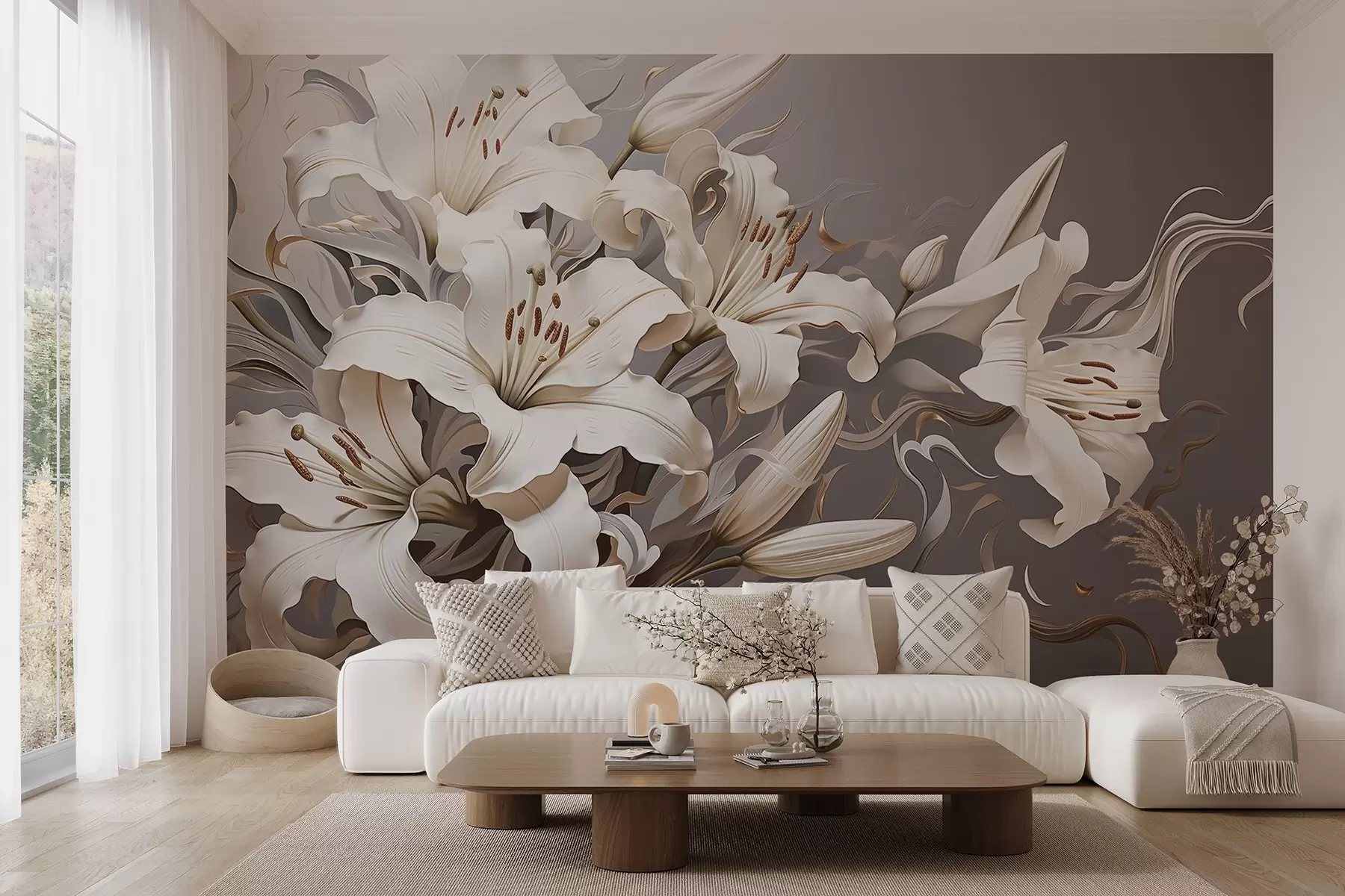 τοιχογραφίες Εκλεπτυσμένοι λευκοί κρίνοι σε παστέλ αποχρώσεις w08633v1