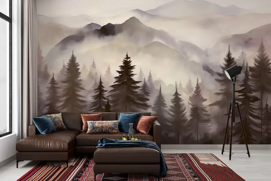 τοιχογραφίες Ορεινό τοπίο με ένα δάσος από πεύκα και πολυεπίπεδα βουνά κατά τη διάρκεια της αυγής με ελαφριά ομίχλη υδατογραφία απομίμηση τέχνης w08639v1