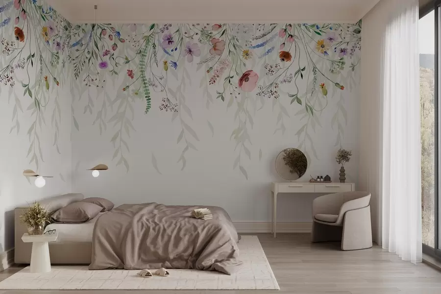τοιχογραφίες Ένα πολύχρωμο floral print με διάφορα λουλούδια, φύλλα και φυτά σε στυλ ακουαρέλας   w08646