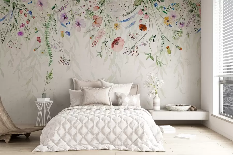 τοιχογραφίες Ένα πολύχρωμο floral print με διάφορα λουλούδια, φύλλα και φυτά σε στυλ ακουαρέλας   w08646