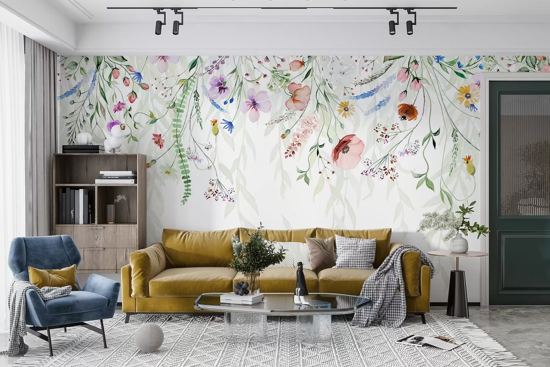 τοιχογραφίες Ένα πολύχρωμο floral print με διάφορα λουλούδια, φύλλα και φυτά σε στυλ ακουαρέλας   w08646