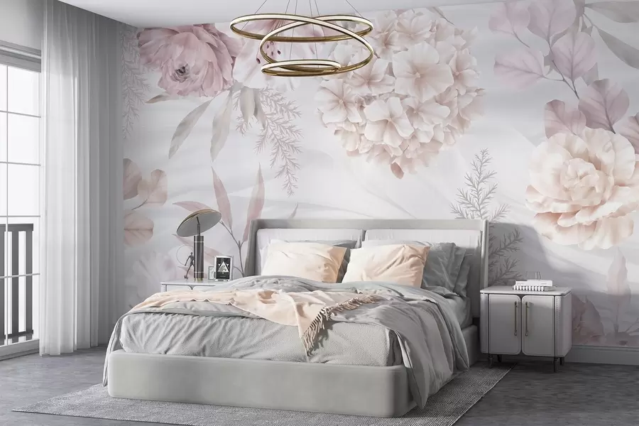 τοιχογραφίες Ένα απαλό, αφηρημένο floral print με μεγάλα ροζ και λευκά λουλούδια, λεπτά φύλλα και μια παστέλ παλέτα χρωμάτων w08651
