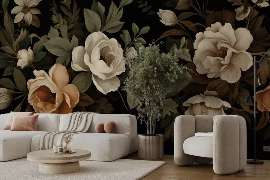 τοιχογραφίες Ποικιλία λουλουδιών σε σκούρο φόντο w02838