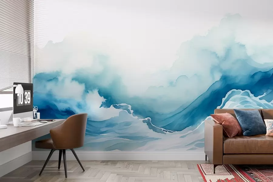 τοιχογραφίες Κύματα ωκεανού σε στυλ ακουαρέλας σε μπλε τόνους w08655