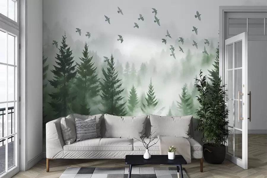 τοιχογραφίες Ήσυχο ομιχλώδες δάσος με δέντρα σε αποχρώσεις του πράσινου και σμήνος πουλιών πετάει στον ουρανό  w08664v1