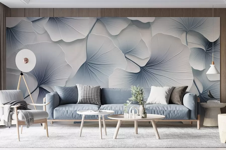 τοιχογραφίες Ανοιχτό μπλε φύλλα ginkgo με απαλές διαβαθμίσεις και λεπτές φλέβες, που επικαλύπτονται μεταξύ τους  w08666