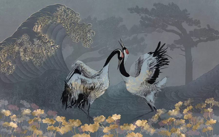 τοιχογραφίες Γερανοί, δέντρα και κύματα με στοιχεία κινεζικού στυλ w02747