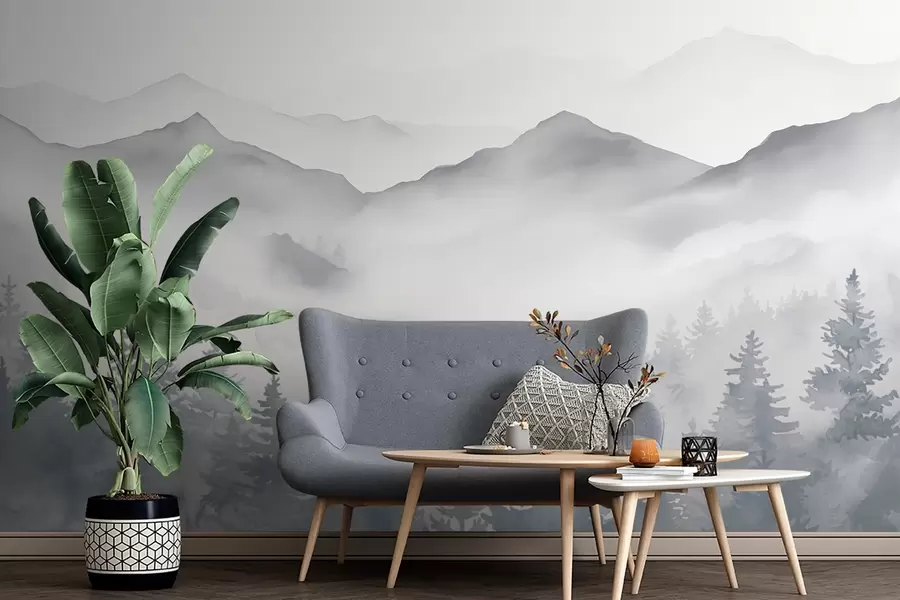 τοιχογραφίες Γαλήνιο ορεινό τοπίο με ομιχλώδη δάση σε απαλές γκρι και μπλε αποχρώσεις w08680