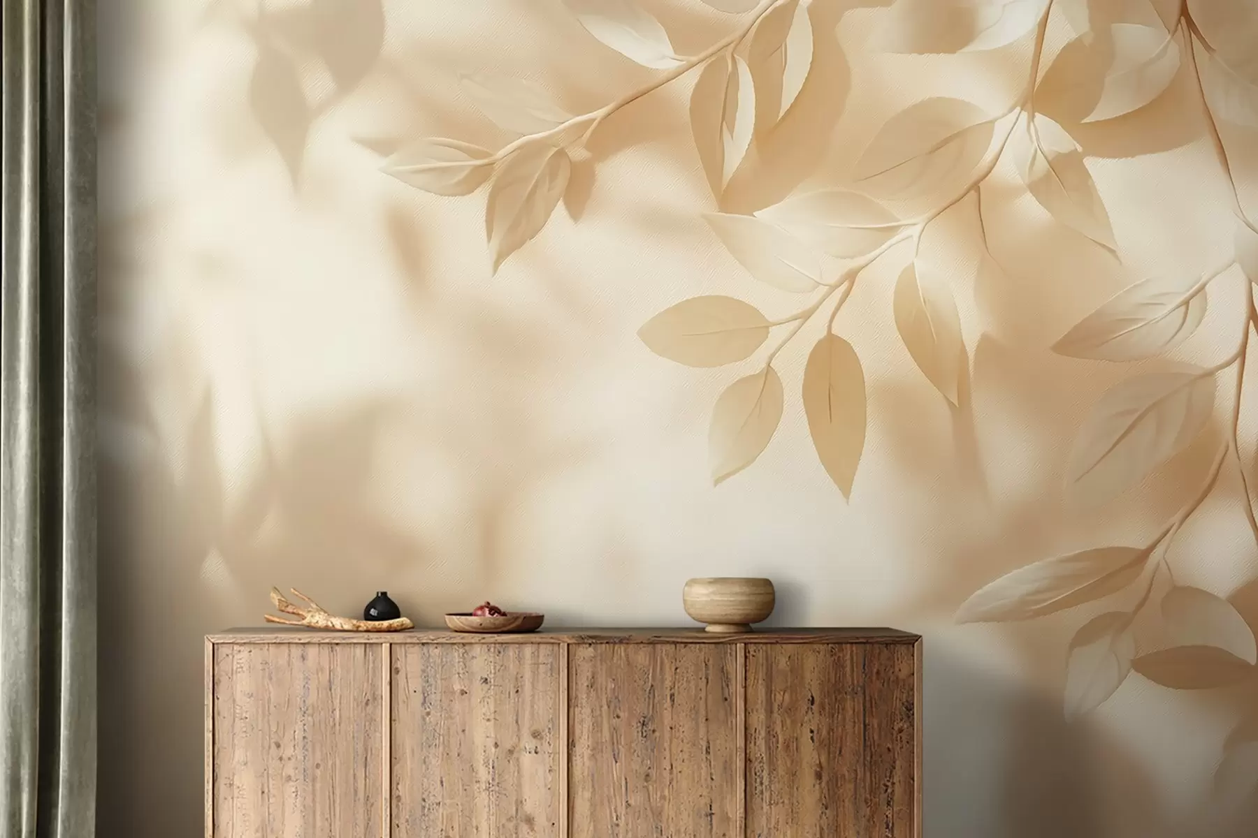 τοιχογραφίες Κίτρινα κλαδιά δέντρων σε μπεζ φόντο τοίχου w08682