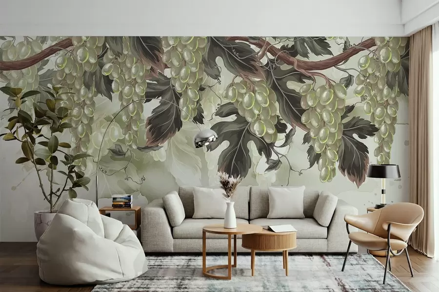 τοιχογραφίες Σταφύλια που κρέμονται από αμπέλι με πράσινα φύλλα, σε ανοιχτόχρωμο φόντο με υφές που θυμίζουν ακουαρέλα w08696