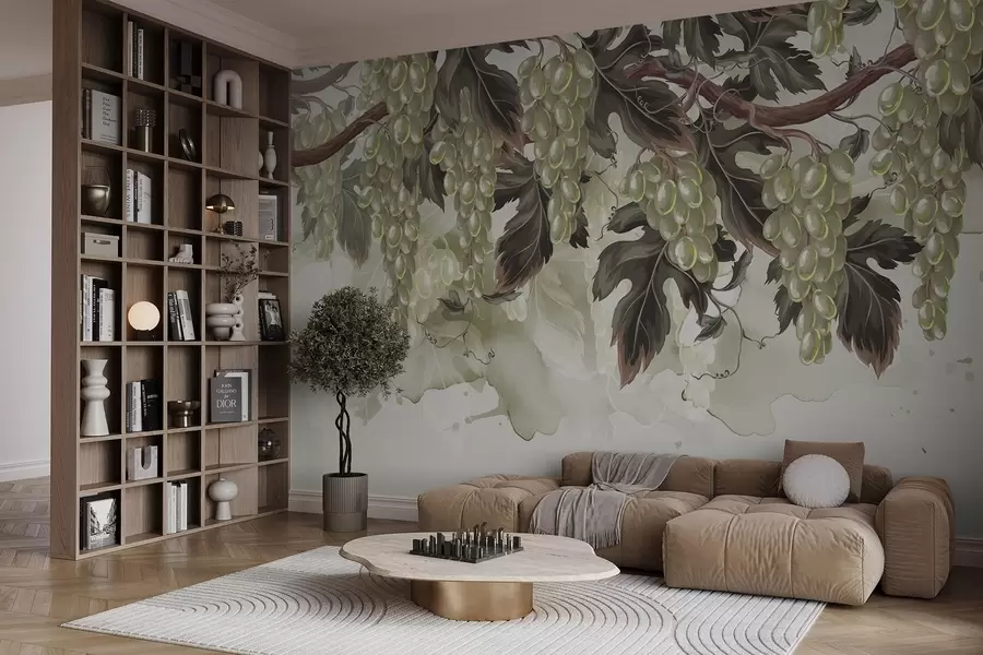 τοιχογραφίες Σταφύλια που κρέμονται από αμπέλι με πράσινα φύλλα, σε ανοιχτόχρωμο φόντο με υφές που θυμίζουν ακουαρέλα w08696
