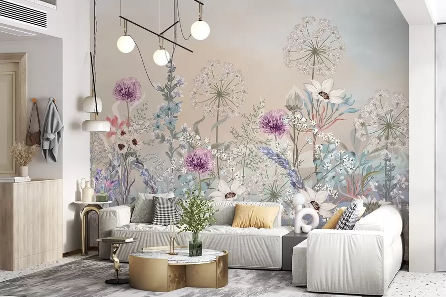 τοιχογραφίες Ένας ζωντανός ανθόκηπος με διάφορα λουλούδια και γρασίδι σε ένα απαλό παστέλ χρώμα διαβαθμισμένης υφής φόντο w08699