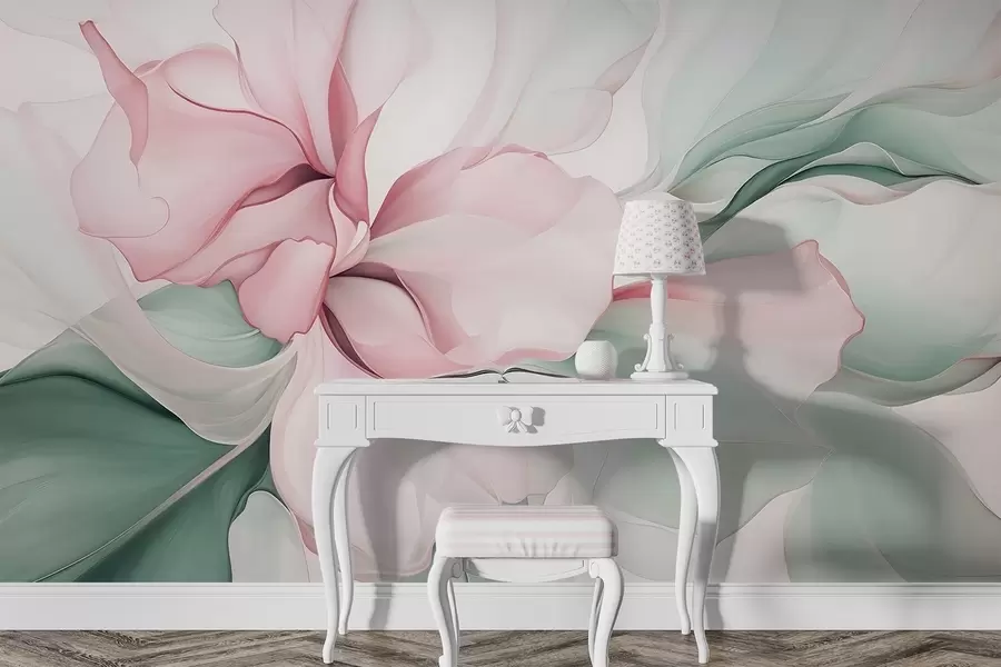 τοιχογραφίες Ρευστά αφηρημένα πέταλα λουλουδιών ημιδιαφανή και πολυεπίπεδα σχήματα σε παστέλ χρώματα, σε ροζ και πράσινες αποχρώσεις w08701v1