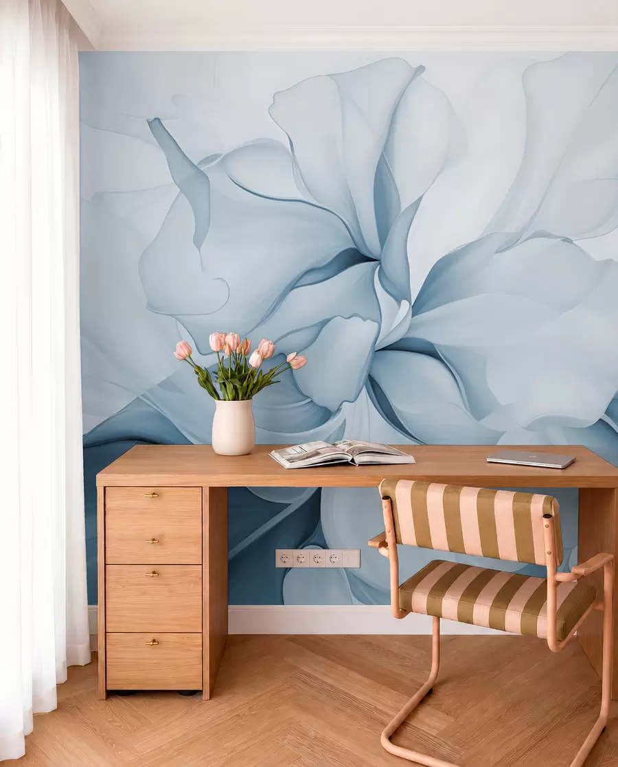 τοιχογραφίες Ρευστά αφηρημένα πέταλα λουλουδιών ημιδιαφανή και πολυεπίπεδα σχήματα σε παστέλ χρώματα, σε μπλε αποχρώσεις w08701v2