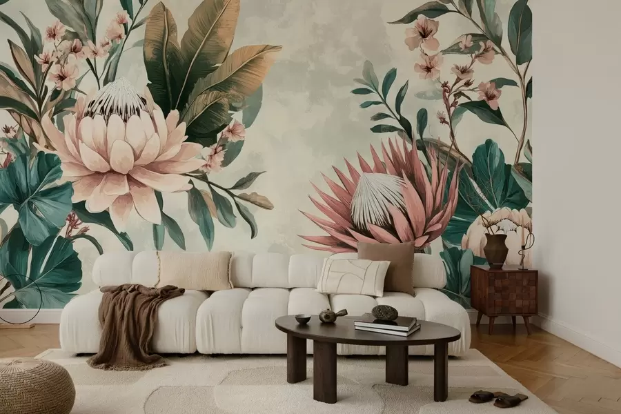 τοιχογραφίες εξωτικά φυτά, φύλλα φοίνικα και άνθη πρωτέας εμπνευσμένα από vintage w03015