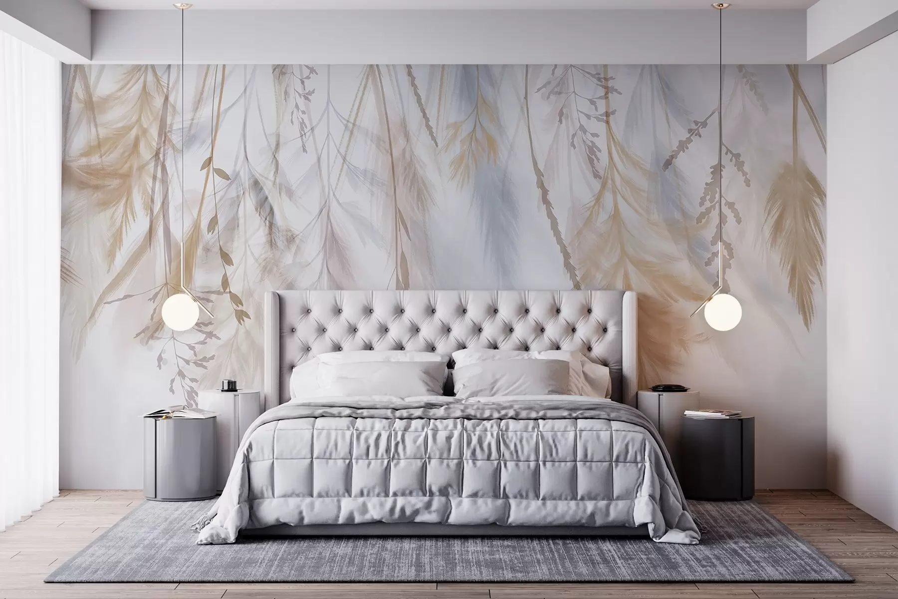 τοιχογραφίες Ντελικάτα χόρτα, στίχοι και φυτά σε παστέλ αποχρώσεις, τοποθετημένα σε μια καταιγιστική εκτύπωση σε ανοιχτόχρωμο φόντο w08737