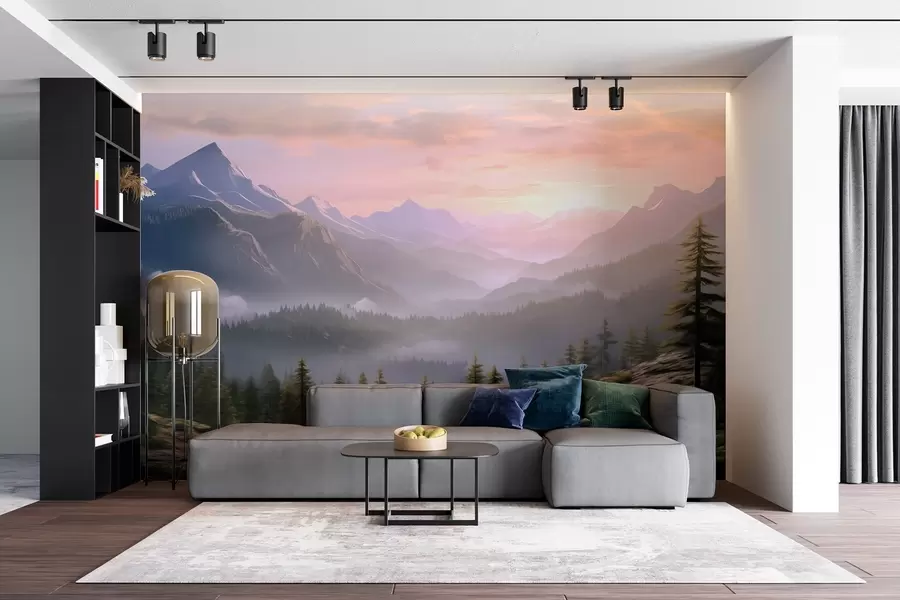 τοιχογραφίες Γαλήνιο ορεινό τοπίο την αυγή με απαλή ομίχλη σε φόντο δάσους w08750