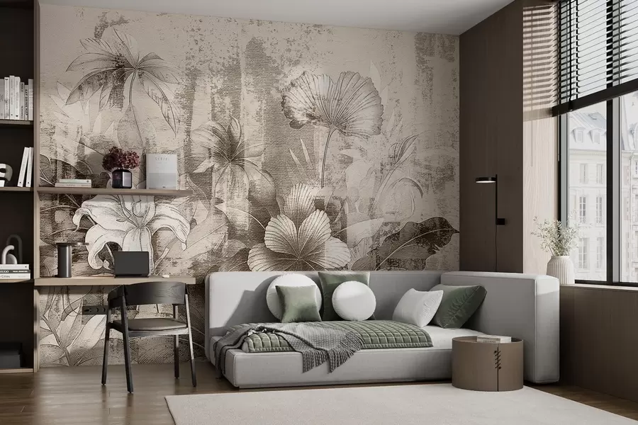 τοιχογραφίες Vintage σχέδιο με εξωτικά λουλούδια και φυτά w08767v2