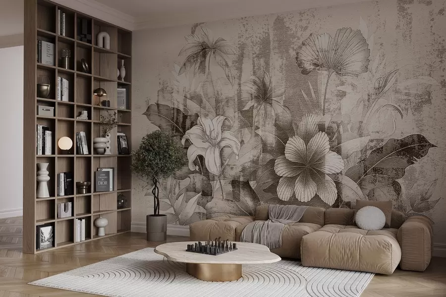 τοιχογραφίες Vintage σχέδιο με εξωτικά λουλούδια και φυτά w08767v2