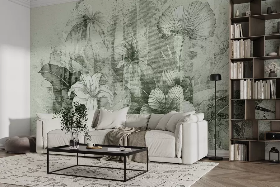 τοιχογραφίες Vintage σχέδιο με εξωτικά λουλούδια και φυτά w08767v3