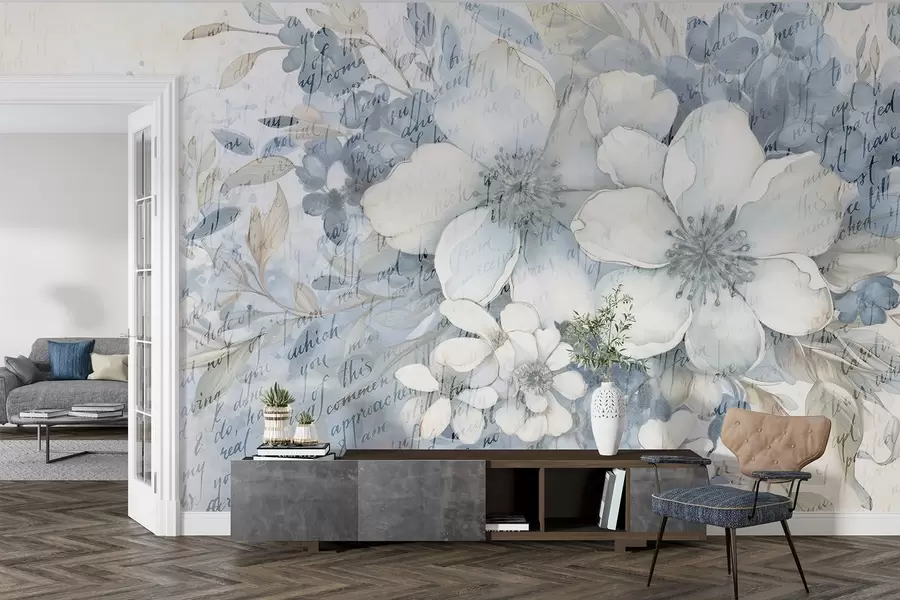 τοιχογραφίες Μια μαλακή απομίμηση τοίχου με υφή λευκών και μπλε λουλουδιών, σε ανοιχτόχρωμο φόντο με αχνό χειρόγραφο κείμενο w08771