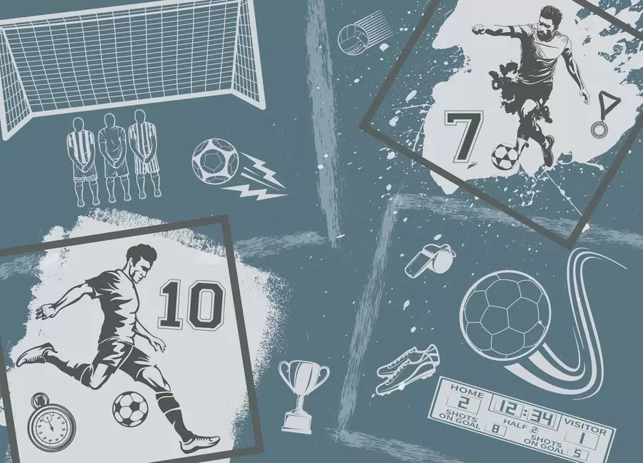 τοιχογραφίες Ποδοσφαιριστές, μπάλα και άλλα χαρακτηριστικά του ποδοσφαίρου σε μπλε αποχρώσεις w03122