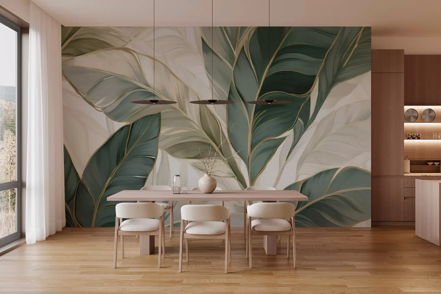 τοιχογραφίες Πράσινα τροπικά φύλλα σε γκρι και λευκό φόντο w03124