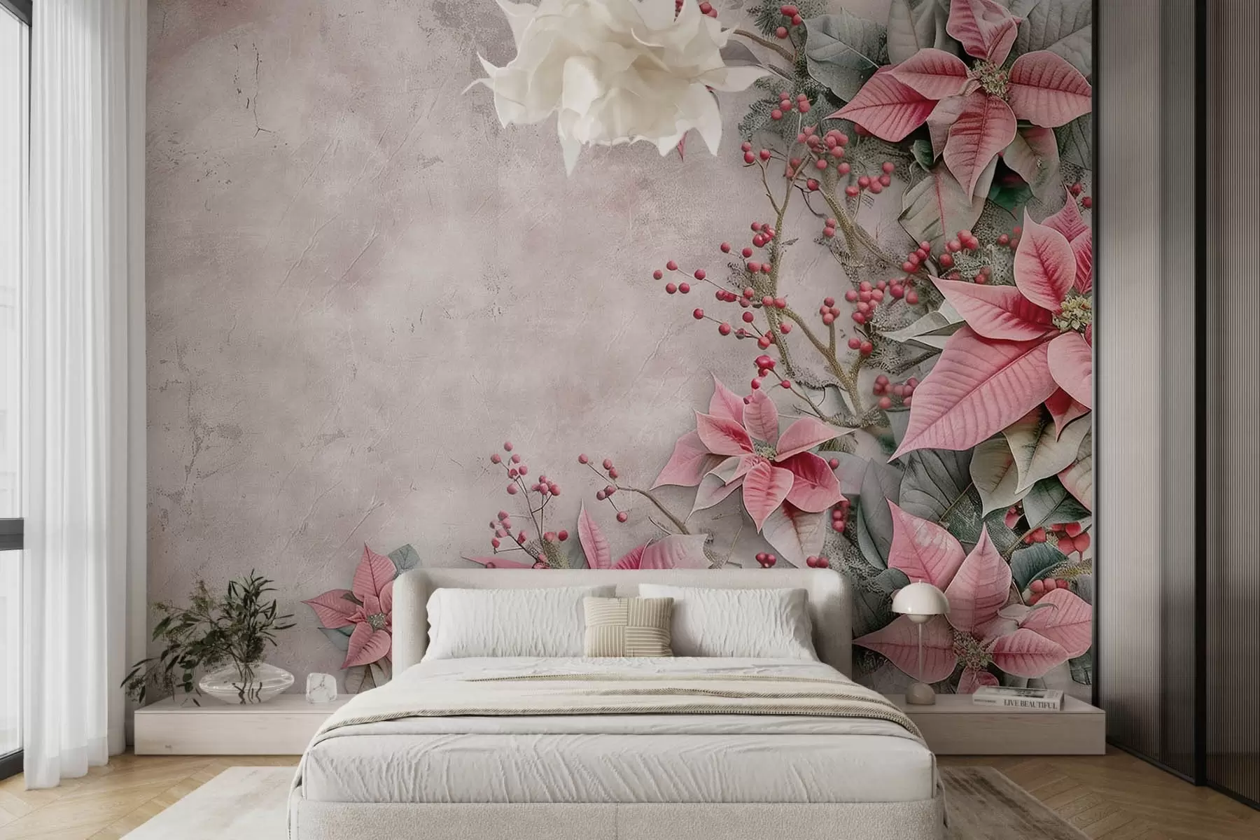 τοιχογραφίες Λουλούδια Poinsettia σε ένα παλαιωμένο φόντο από σκυρόδεμα w08798