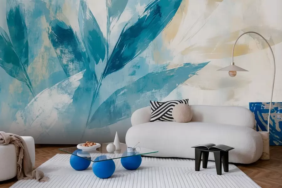 τοιχογραφίες μπλε φύλλα σε στυλ αφηρημένων εγκεφαλικών επεισοδίων w03109