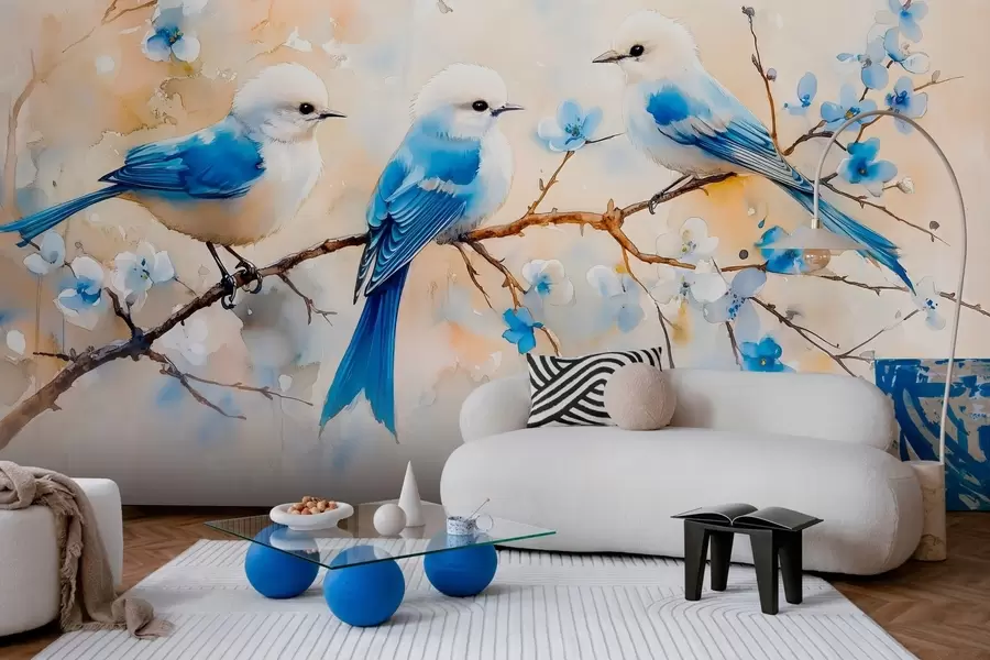 τοιχογραφίες ανοιξιάτικα πουλιά σε ένα κλαδί δέντρου σε στυλ υδατογραφίας w03112