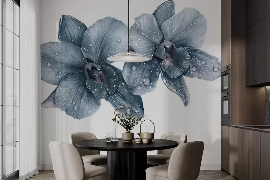 τοιχογραφίες Όμορφα λουλούδια ορχιδέας, σχέδιο σε στυλ υδατογραφίας, μπλε χρώματα w03164v2