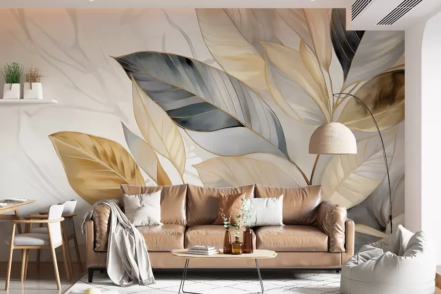 τοιχογραφίες Κίτρινα, γκρι και λευκά λεπτά μεγάλα φύλλα σε λευκό αφηρημένο φόντο με υφή w08828