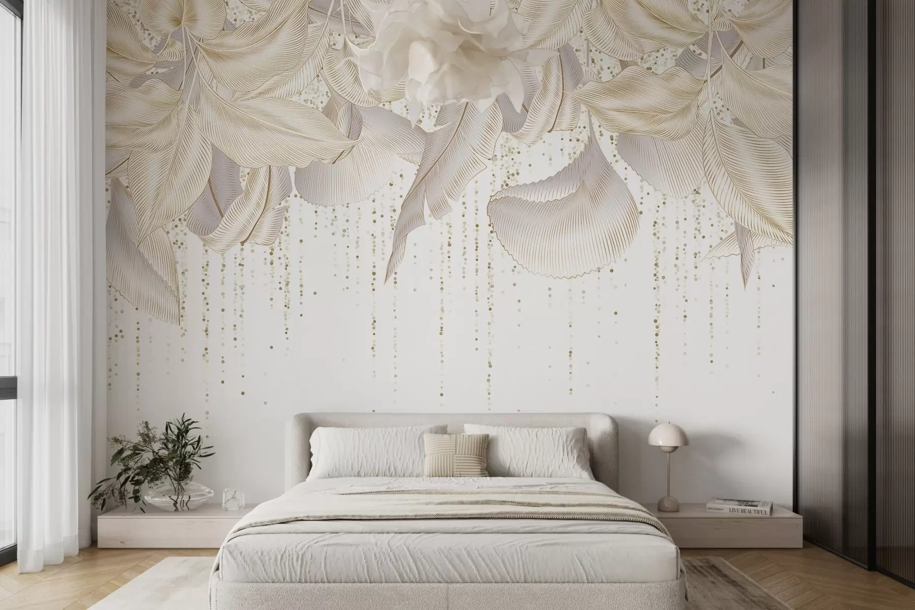 τοιχογραφίες Λευκά λεπτομερή τροπικά φύλλα και κίτρινες τελείες υφή σε λευκό φόντο w08836